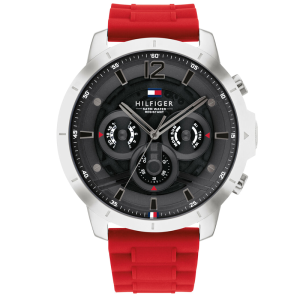 Tommy Hilfiger Men’s Quartz Red Silicone Strap Grey Dial 50mm Watch 1710490