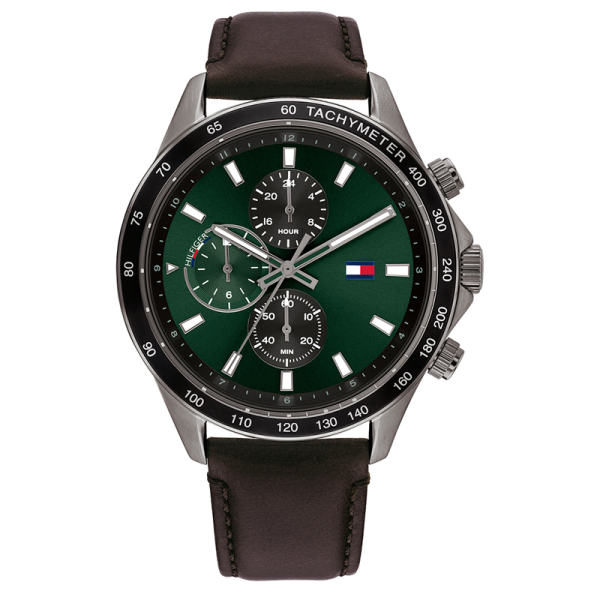 Tommy Hilfiger Men’s Quartz Brown Leather Strap Green Dial 44mm Watch 1792017