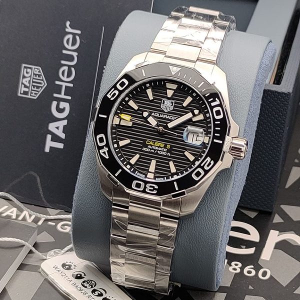 Tag Heuer Aquaracer Men’s Automatic Swiss Made Silver Stainless Steel Black Dial 41mm Watch WAY211A.BA0928