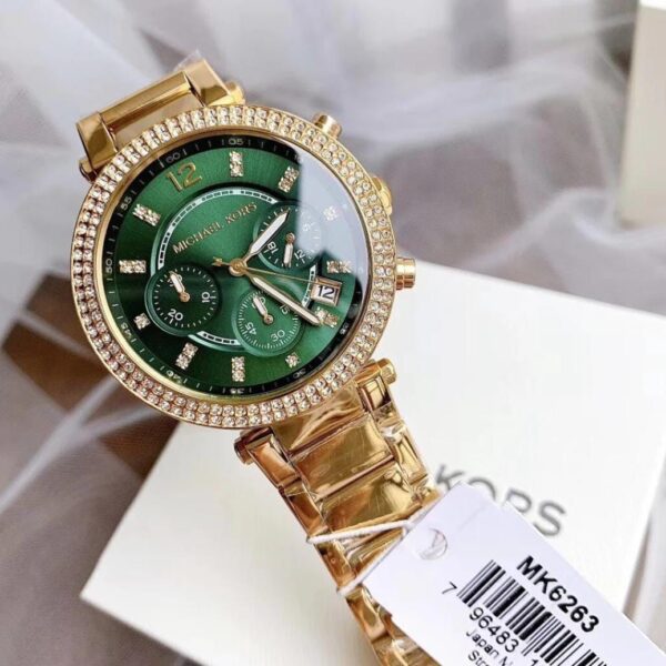 Michael Kors Womens Quartz Chronograph Parker Gold Stainless Steel Green Dial Watch Mk6263